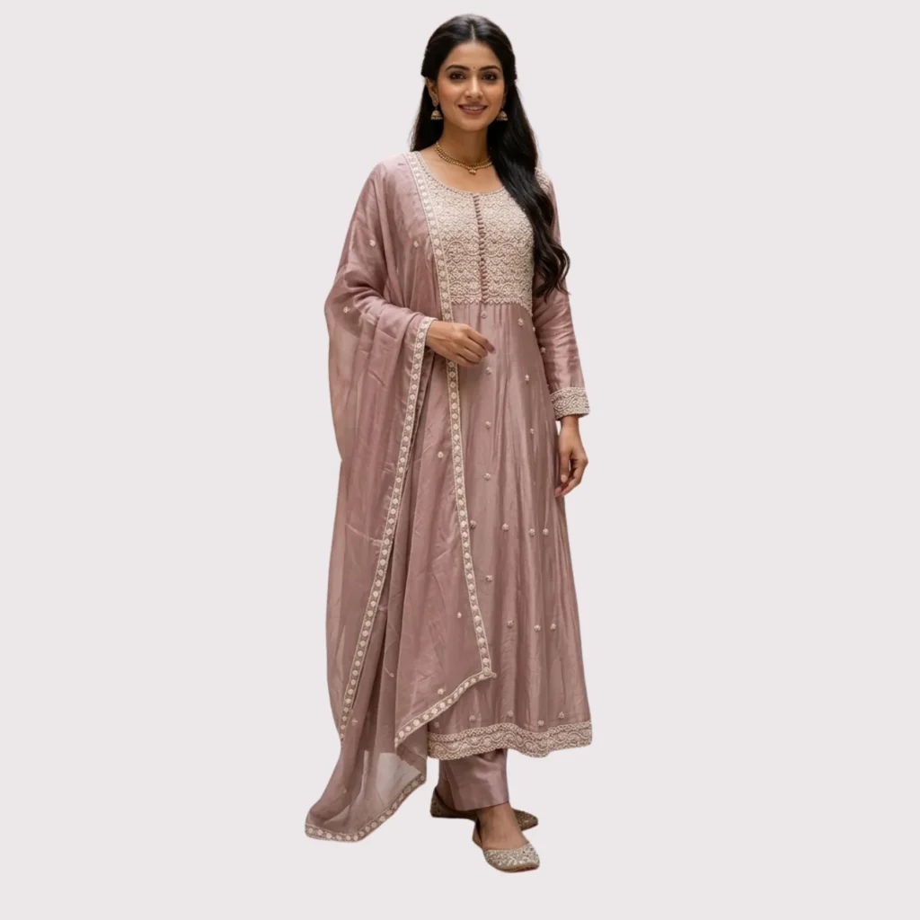 Dusty rose chinnon one piece dress with white pearl embroidery for women