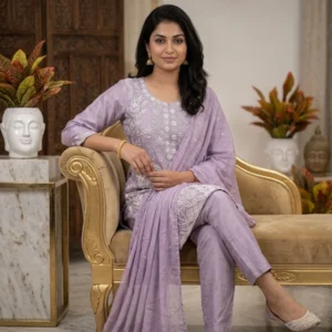 Lavender georgette partywear co-ord set with diamond work for women