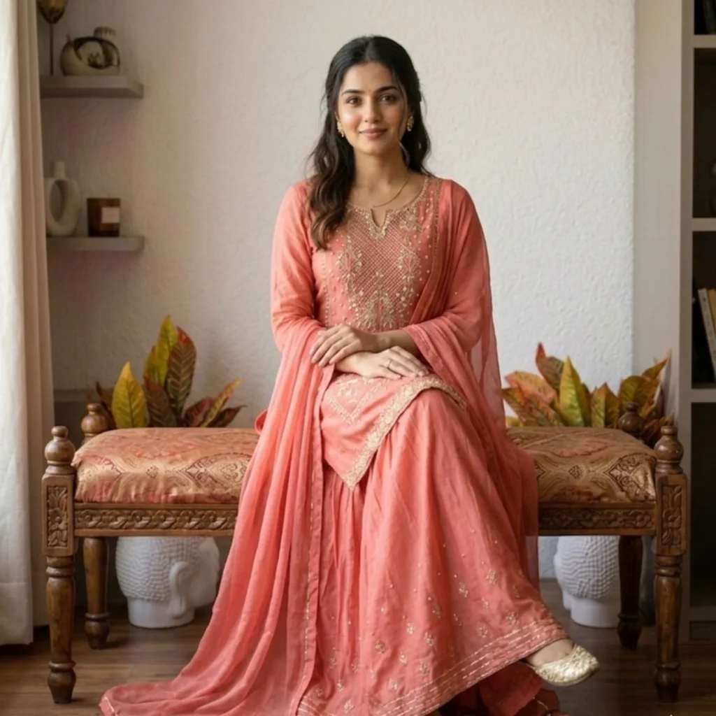 Kharatis coral peach georgette kurti with skirt set featuring pearl and resham embroidery for women