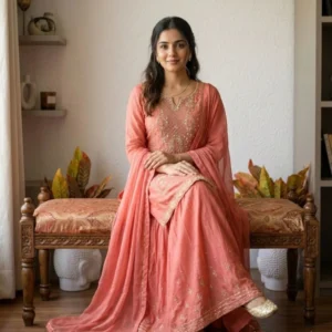Kharatis coral peach georgette kurti with skirt set featuring pearl and resham embroidery for women