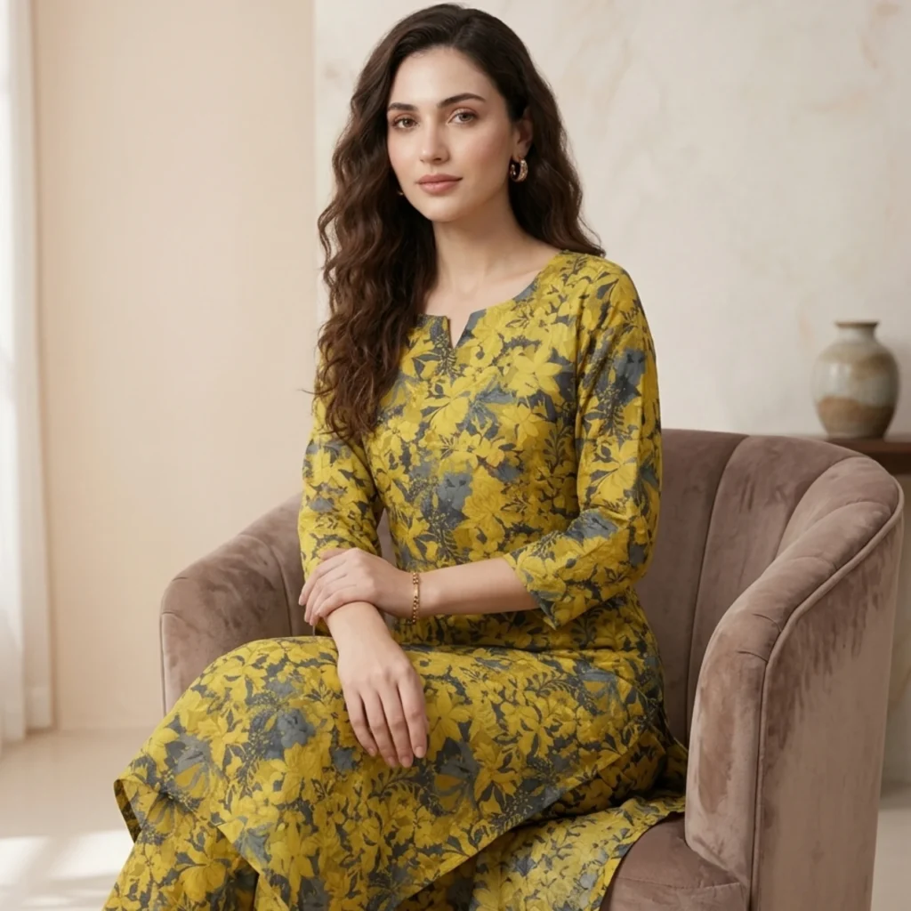 Kharatis yellow blue floral viscose georgette straight suit set for women