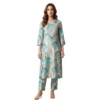 Kharatis aqua blue floral crush cotton straight suit set for women