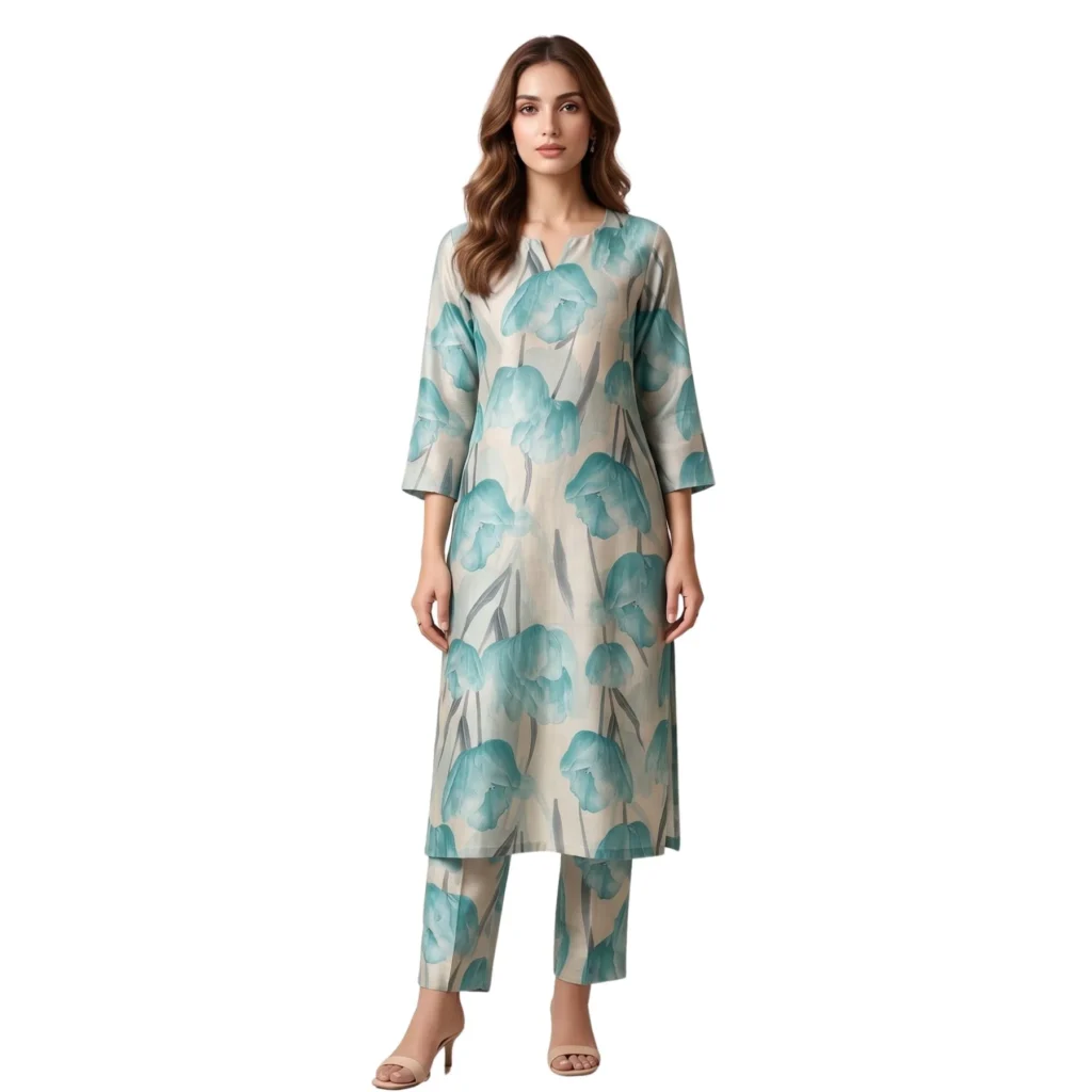 Kharatis aqua blue floral crush cotton straight suit set for women