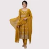Mustard yellow Anarkali suit with tilla pearl embroidery for women