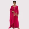 Kharatis hot pink georgette kurti skirt set with gold zari floral embroidery for women