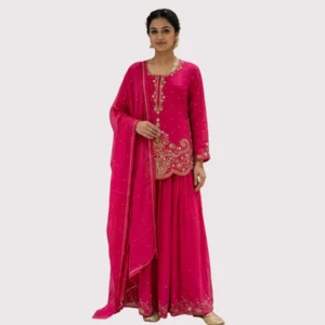 Kharatis hot pink georgette kurti skirt set with gold zari floral embroidery for women