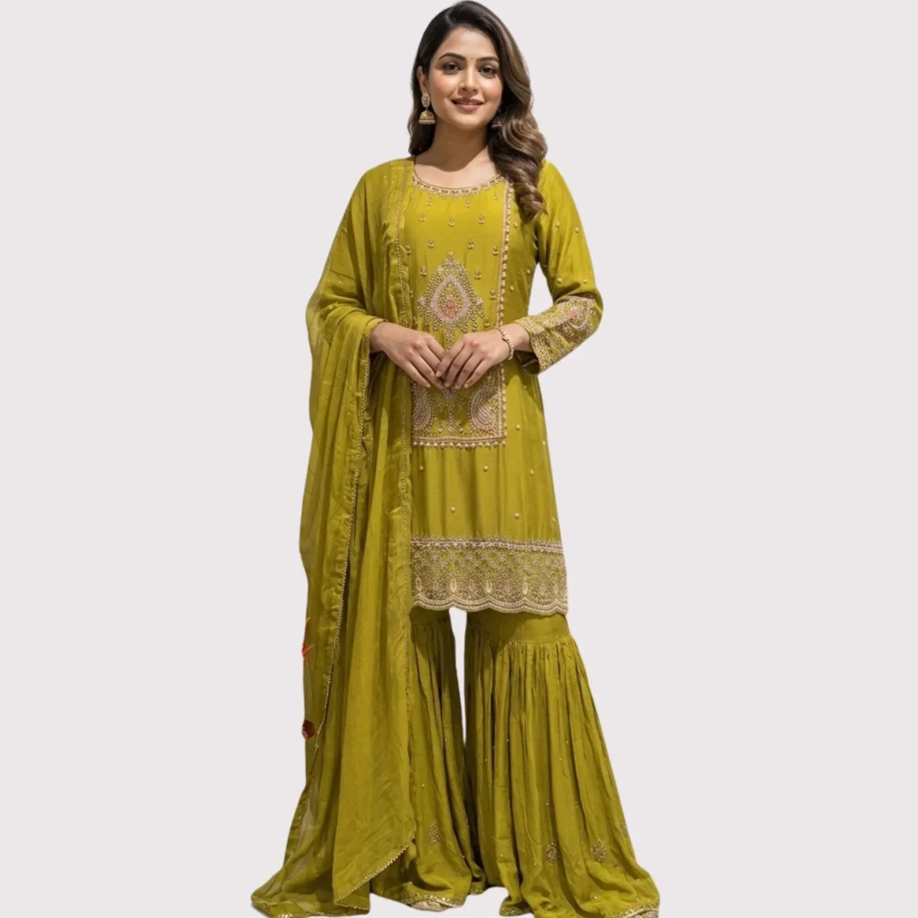 Mehndi green garara suit with dabka and moti hand embroidery