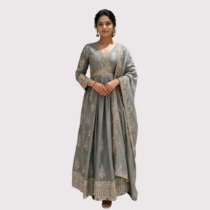 Kharatis grey one piece Chinon dress with V-neck and zari work for women
