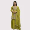 Lime green silk sharara suit with zari embroidery for women