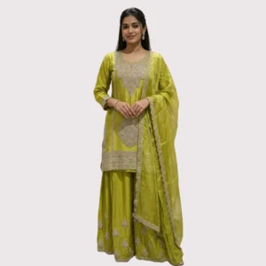 Lime green silk sharara suit with zari embroidery for women