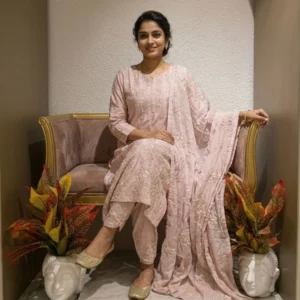 Kharatis blush pink organza Anarkali suit with katdana and pearl embroidery for women