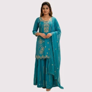 Teal Blue Kurti Palazzo Set with Zari Work | Kharatis Festive Wear