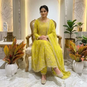 Kharatis mustard yellow georgette kurti with skirt set featuring pearl and resham embroidery for women