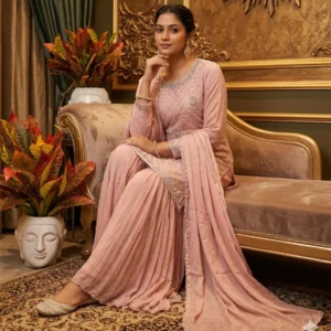 Peach chinnon suit with front panel diamond work for women