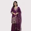 Wine purple chinnon sharara suit with pearl embroidery and cutwork dupatta for women