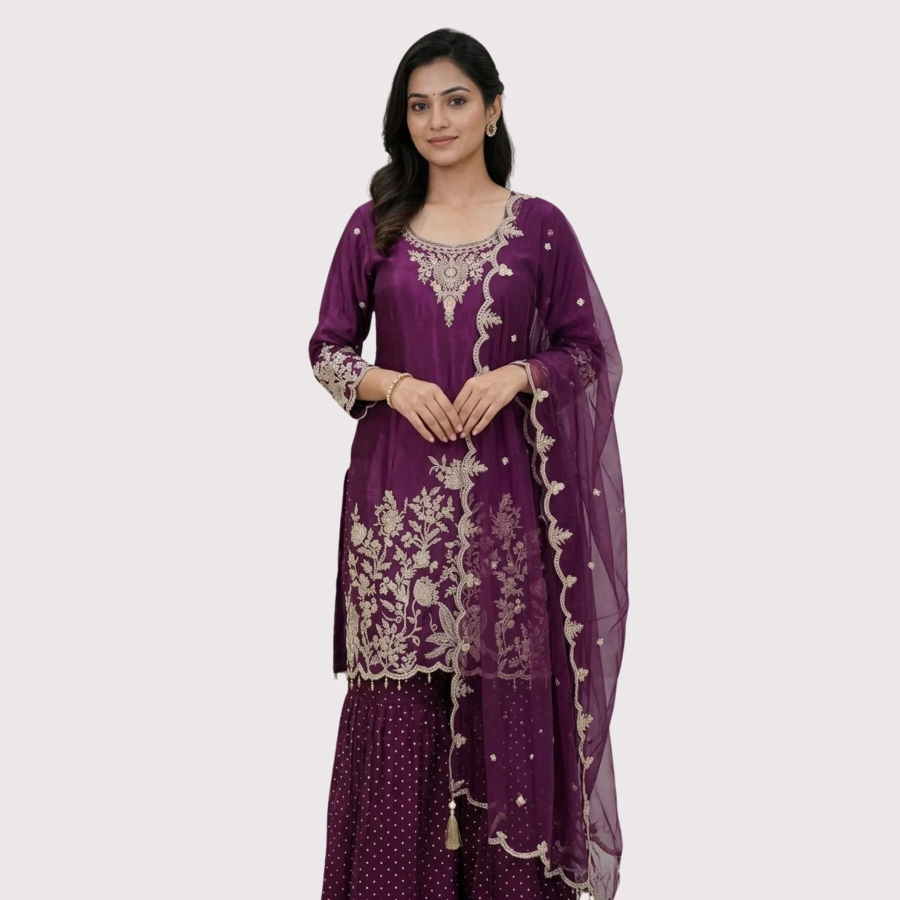 Wine purple chinnon sharara suit with pearl embroidery and cutwork dupatta for women