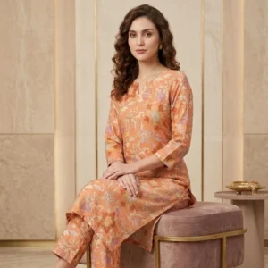 Kharatis peach jaipuri block print cotton suit fabric 5 meter