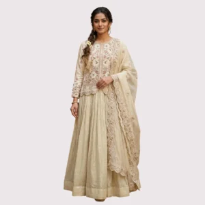 Kharatis ivory embroidered skirt set with long jacket top and organza dupatta for women