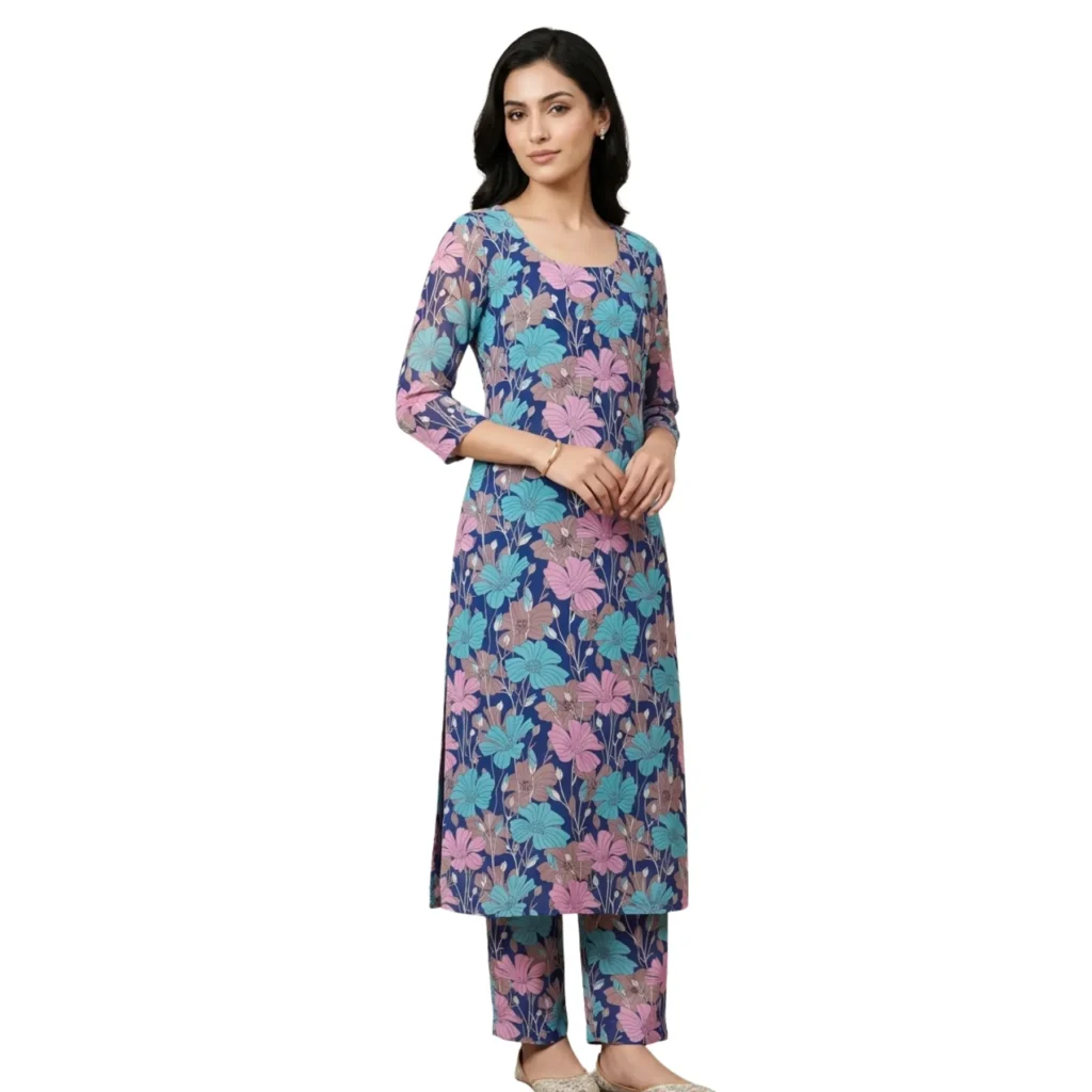 Kharatis blue floral viscose georgette straight suit set for women