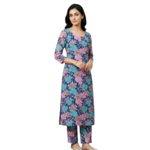 Kharatis blue floral viscose georgette straight suit set for women