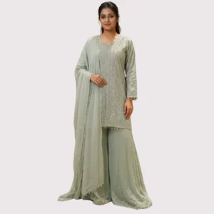 Kharatis light green crepe short kurti A-line sharara set with diamond cut silver work for women