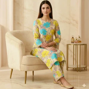 Kharatis yellow blue floral viscose georgette straight suit set for women