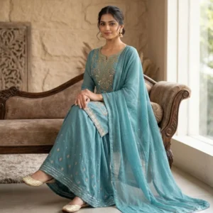 Kharatis Teal Georgette Long Kurti with Skirt Set | Pearl & Resham Work