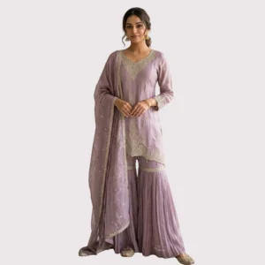 Purple organza shimmer garara suit with zari embroidery for women