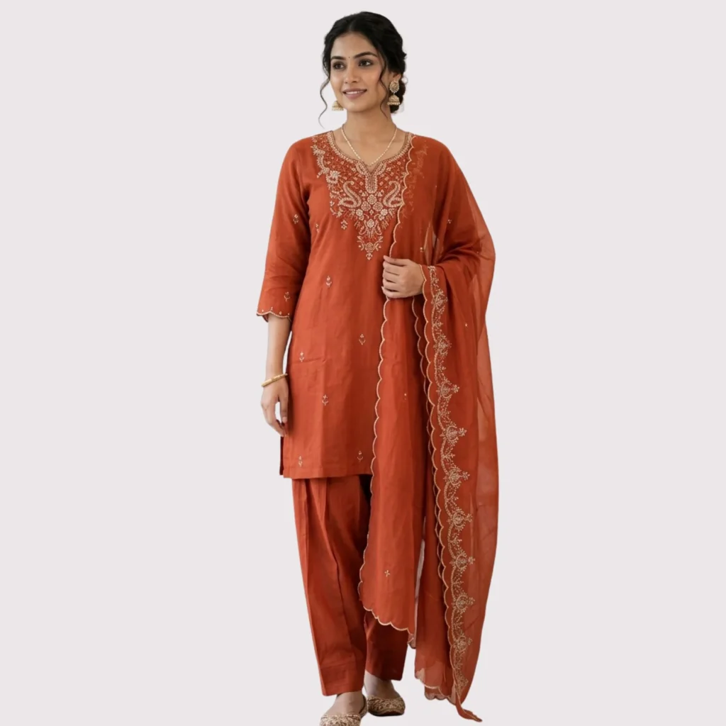 Rust orange organza straight suit with golden pipe work and farshi bottom for women