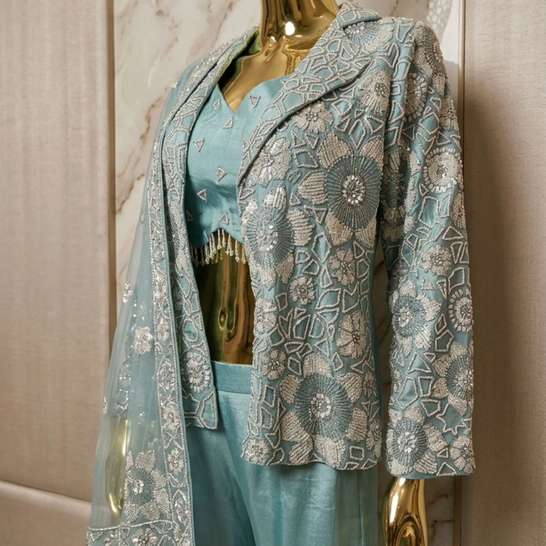 Women’s organza pearl work co-ord set with dupatta