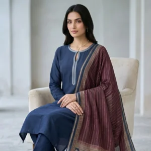 Navy blue mul chanderi unstitched suit with pure cotton printed dupatta by Kharatis