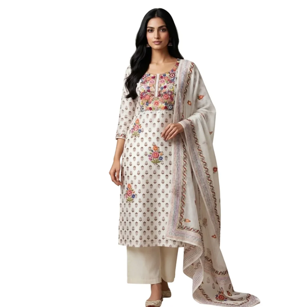 White printed georgette unstitched suit with thread knot work on neck by Kharatis