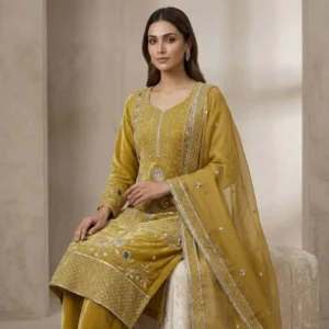 Green golden unstitched suit for women