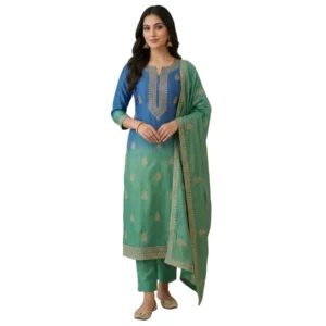Women’s two color unstitched suit with jaal embroidery