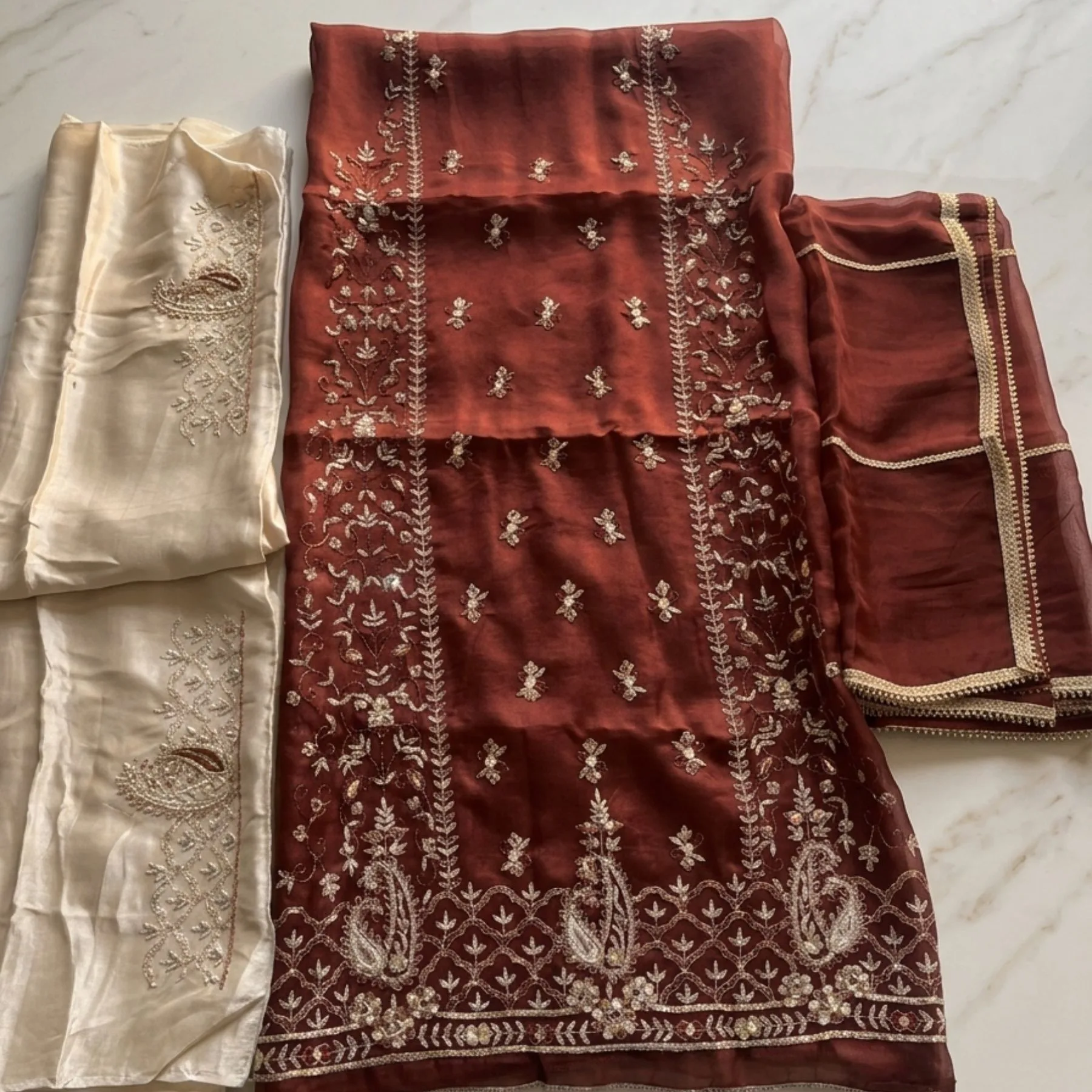 Women’s maroon crepe embroidered unstitched suit