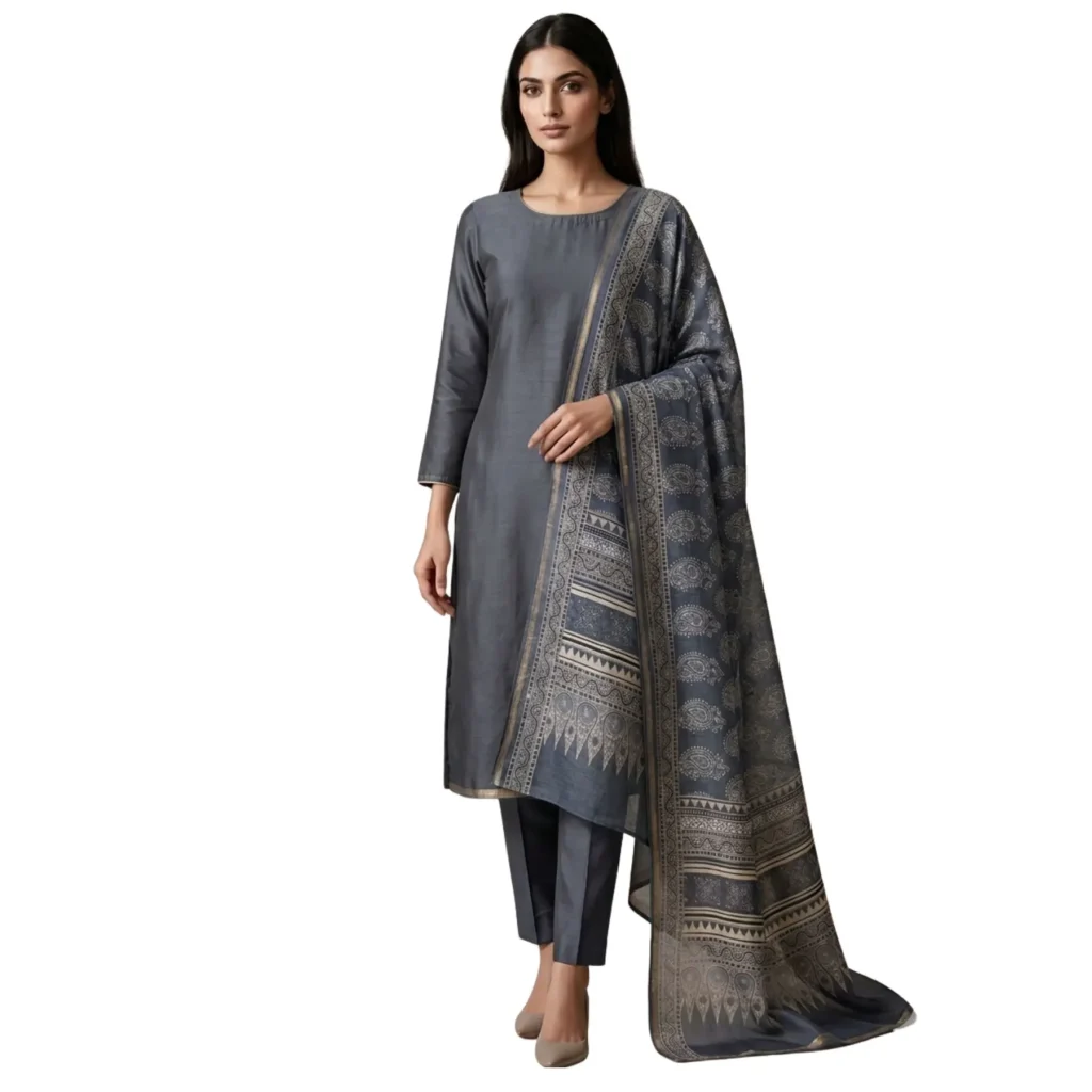 Grey mul chanderi unstitched suit with pure cotton printed dupatta by Kharatis