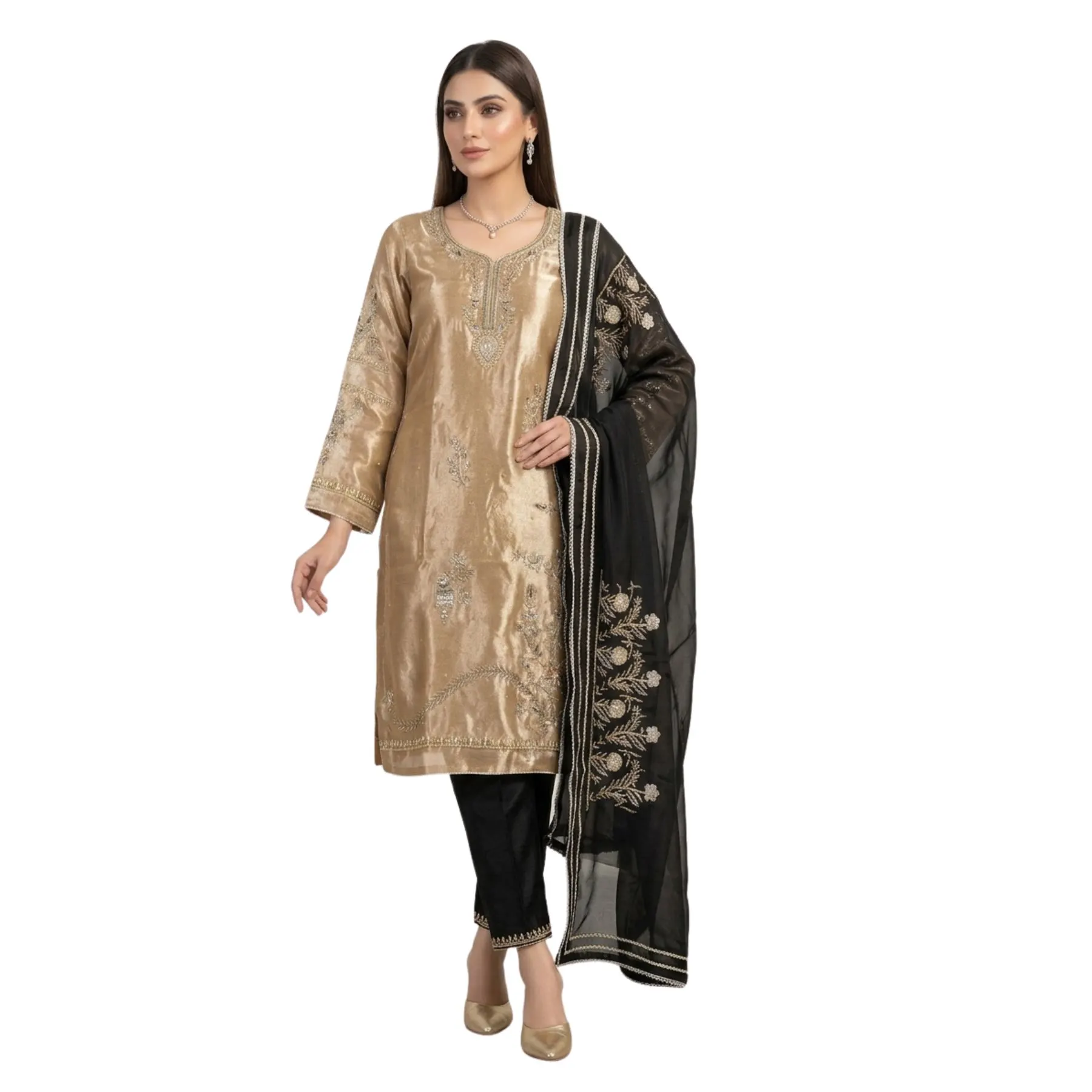 Women’s golden shimmer unstitched suit with dabka work