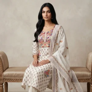 White printed georgette unstitched suit with thread knot work on neck by Kharatis
