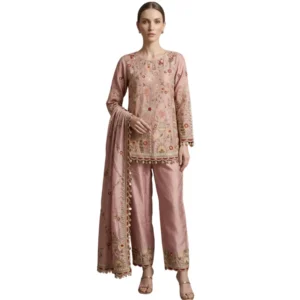 Woman wearing blush pink khadi chanderi suit set with dupatta