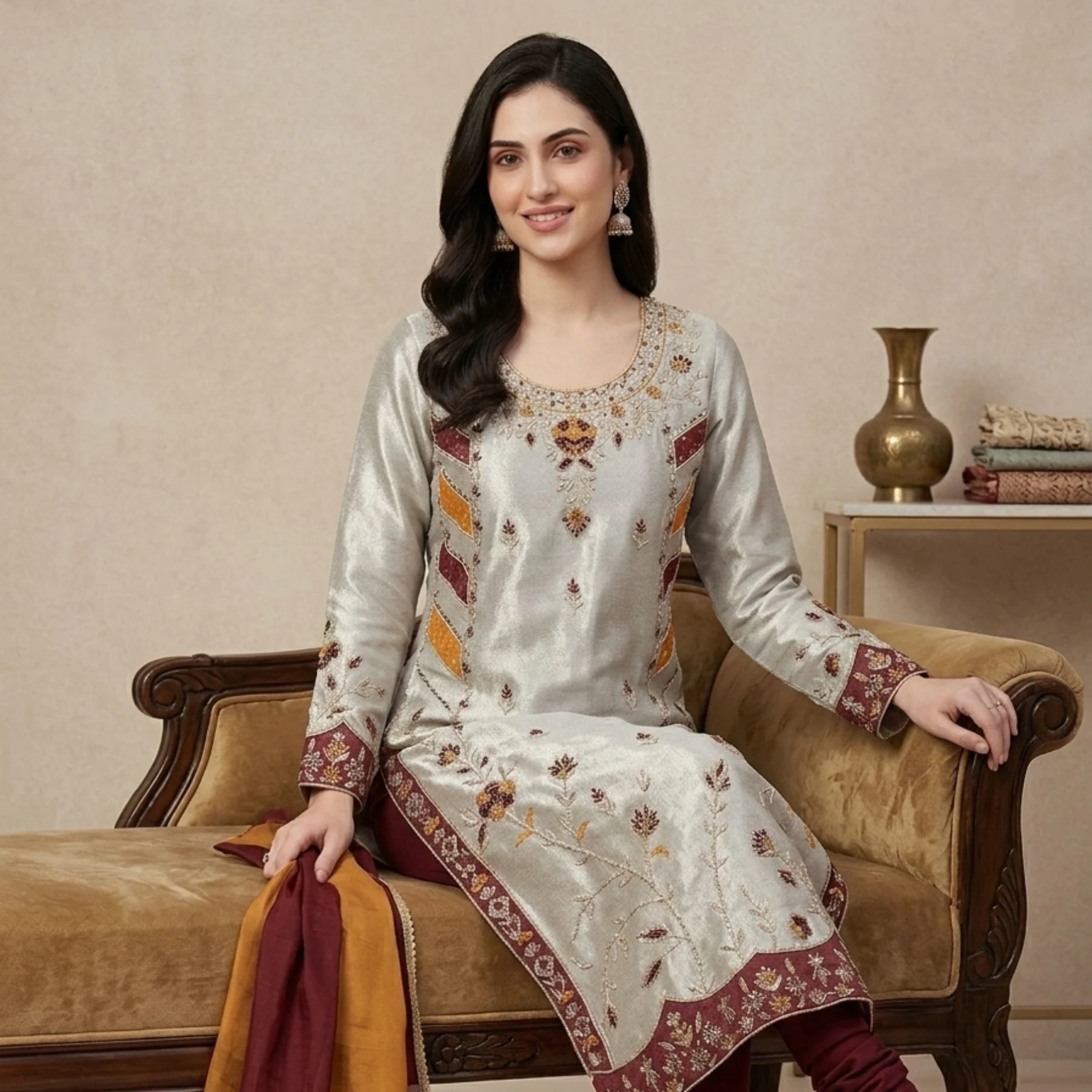 Silver shimmer silk unstitched suit for women