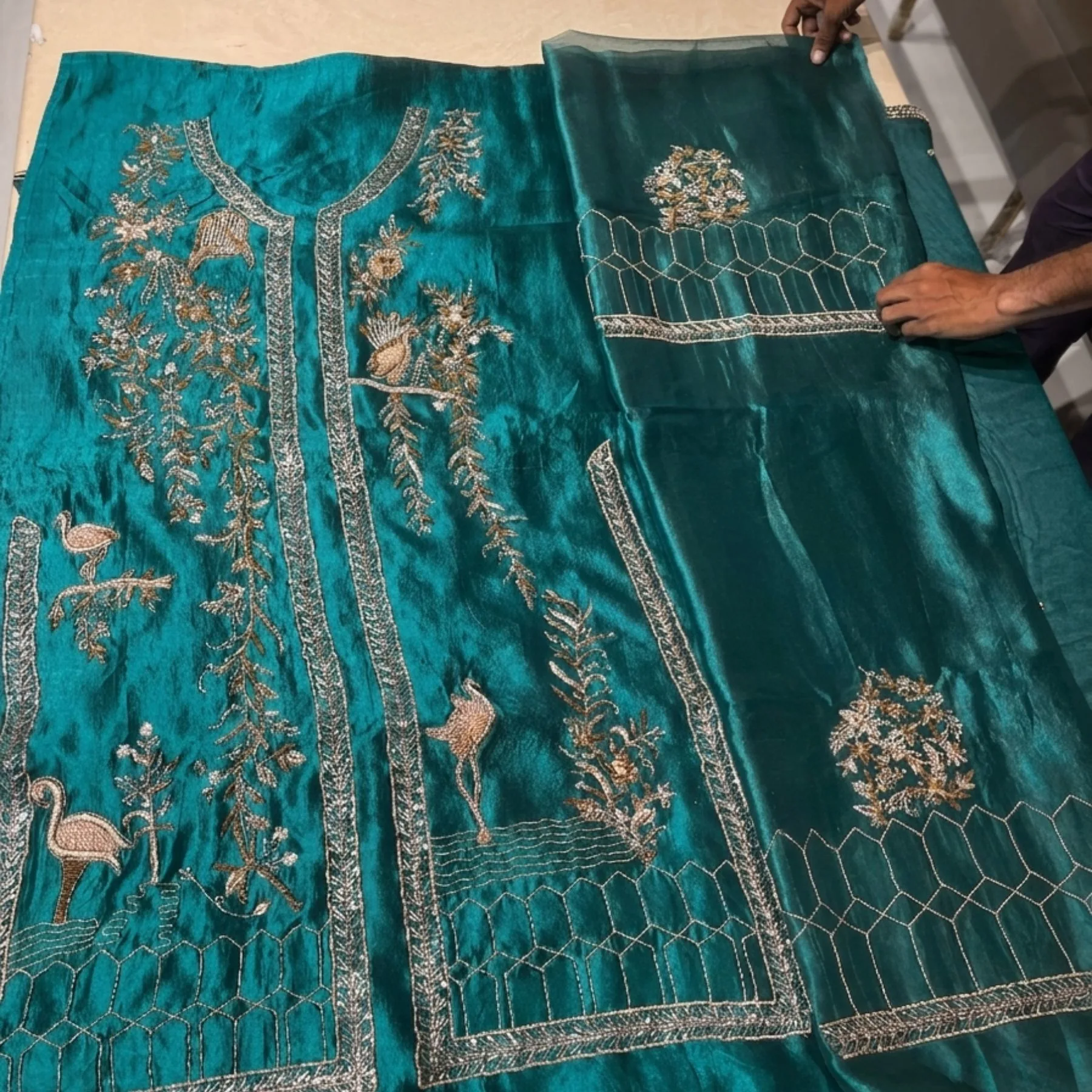 Teal blue pure silk unstitched suit for women