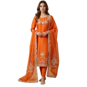 Orange organza Pakistani unstitched suit for women