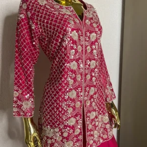 Woman wearing pure organza pearl work 3 piece co-ord set
