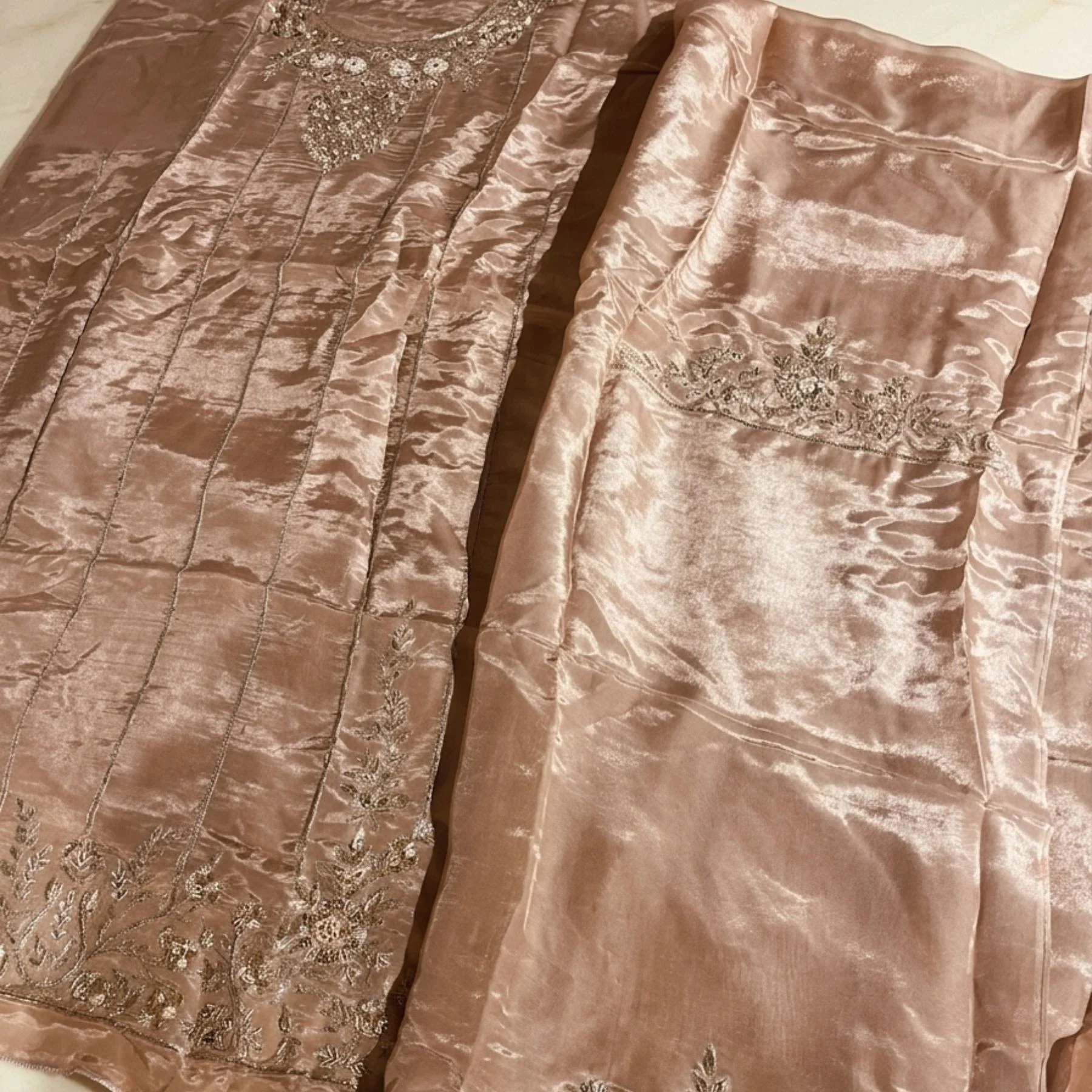 Women’s Tabby Silk Unstitched Suit with Dabka Neck & Ghera Work
