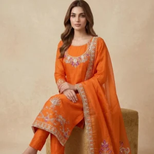 Orange organza Pakistani unstitched suit for women