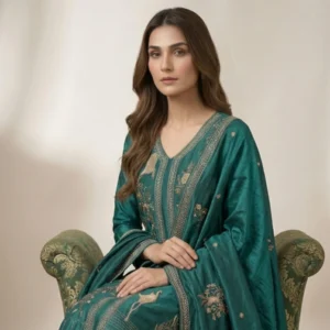Teal blue pure silk unstitched suit for women