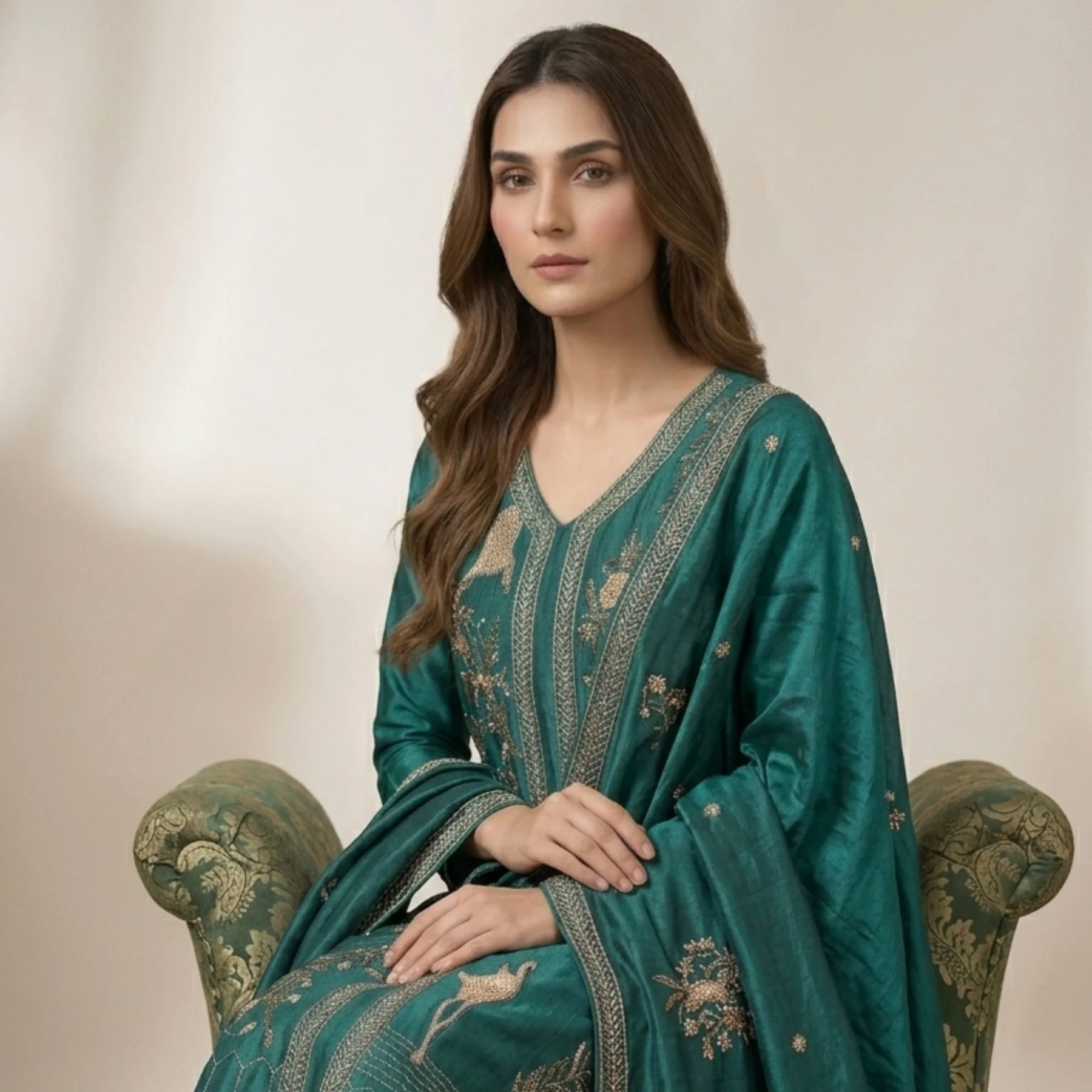 Teal blue pure silk unstitched suit for women