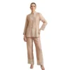 Woman wearing beige chinnon thread work co-ord set