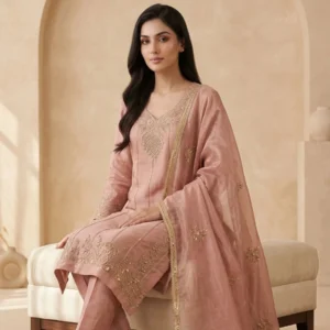 Women’s Tabby Silk Unstitched Suit with Dabka Neck & Ghera Work