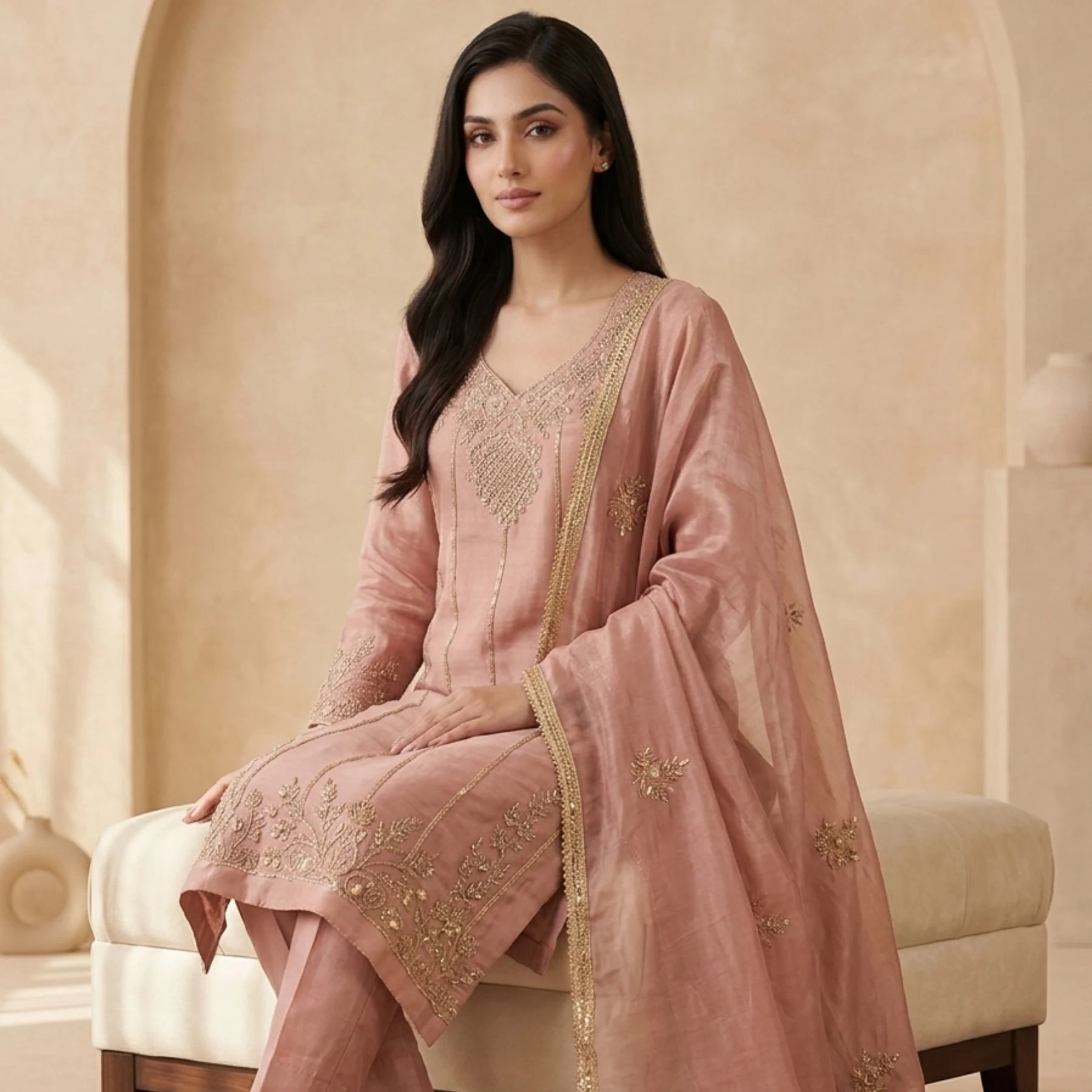 Women’s Tabby Silk Unstitched Suit with Dabka Neck & Ghera Work